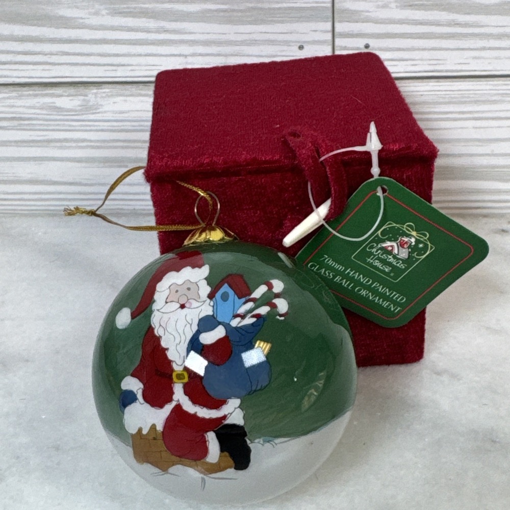 Christmas House Hand Painted Santa Claus Glass Ornament Velvet Box